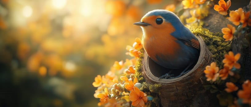 Birdhouse on tree with bird in cartoon style. Selective focus.