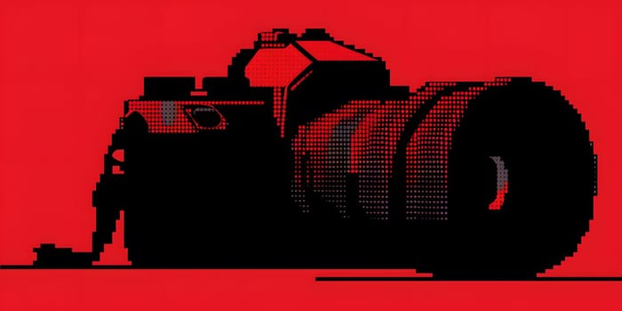 Bold red background highlights camera silhouette, ideal for art or photography
