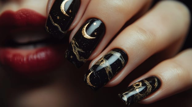 Close-up of a woman's hand showcasing artistic marbled nail art in black with gold details, featuring crescent moons and stars. this elegant design highlights creativity in beauty and fashion, emphasizing sophisticated aesthetics.