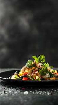 A vibrant, fresh vegetable salad served on a black plate with a dark background.