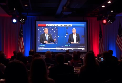 A large screen displaying election results with people watching intently in a room decorated with American flags and red and blue lighting. High quality photo