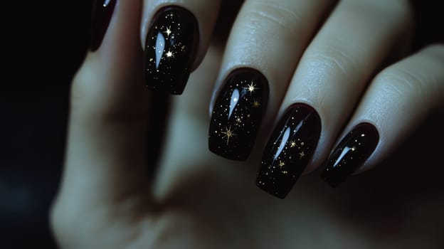 Mystical and elegant close-up of a woman's hand featuring glossy black nails adorned with tiny star designs. perfect for showcasing beauty trends, nail art inspiration, or a dreamy, celestial theme.