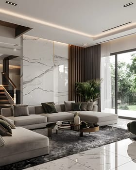 Stylish living room with marble elements, modern sofa, and large windows.