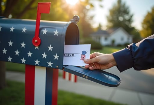 A mail-in ballot being placed into a mailbox with red, white, and blue stripes, symbolizing the importance of voting from home in American democracy. High quality photo