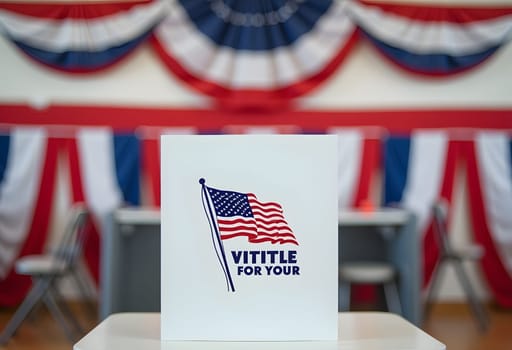 A modern voting booth with a red, white, and blue backdrop and an American flag in view, representing the importance of fair elections. High quality photo