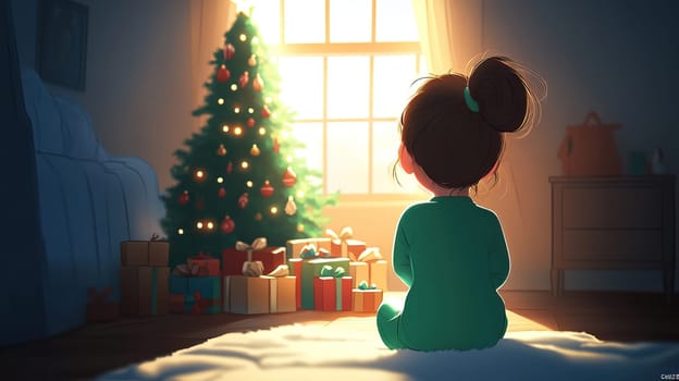 A joyful child sits by a beautifully decorated Christmas tree, excitedly awaiting festivities and gifts
