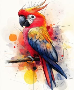 Illustration for children, colorful parrot on white background. Selective focus.
