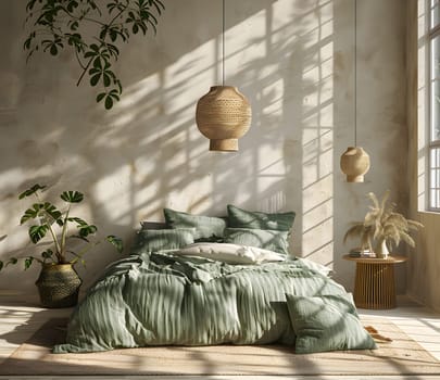 A bedroom with hardwood flooring, a cozy bed with soft tints and shades bedding, wooden lamps, plants, and a large window for natural light and comfort. Interior design at its finest