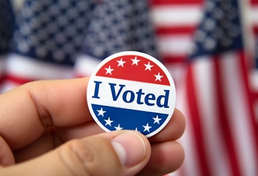 Close-up of an "I Voted" sticker on a hand, with American flags in the background, capturing pride in participating in democracy. High quality photo