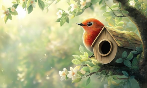 Birdhouse on tree with bird in cartoon style. Selective focus.