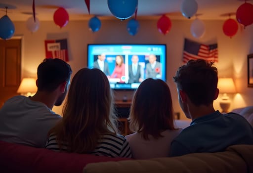 An American family in a patriotic-themed room decorated with red, white, and blue balloons watches Election Day results on TV with excitement. High quality photo