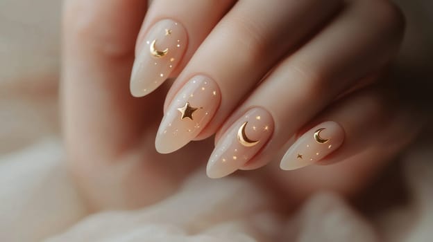 Elegant close-up of a woman's hand showcasing exquisite celestial-themed nail art. the design features moons and stars in soft, neutral tones, perfect for fashion and beauty inspiration.