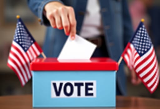 Close-up of a hand placing a ballot into a red and blue ballot box marked "Vote." Small American flags frame the scene, capturing the pride of democratic participation. High quality photo