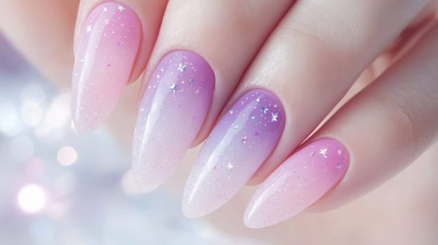 Close-up view of a woman's hand showcasing a pastel ombre manicure with smooth color transitions from pink to purple. glittering star accents add a playful touch, ideal for contemporary fashion trends and nail art inspiration.