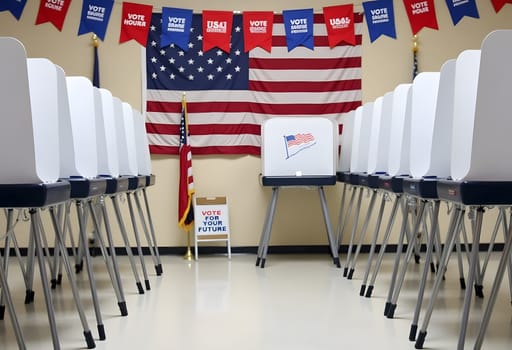 A modern voting booth with a red, white, and blue backdrop and an American flag in view, representing the importance of fair elections. High quality photo