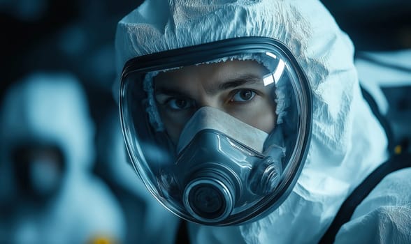 Man in protective suit and gas mask, safety concept. Selective focus.