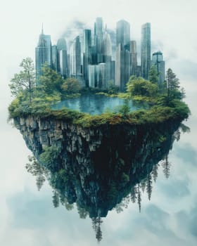 Ecology and environmental protection. Creative landscape with city. Selective focus.