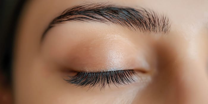 A detailed close-up of a closed eye showcasing long, natural eyelashes and a well-groomed eyebrow. The image highlights beauty, skincare, and the importance of natural grooming routines.