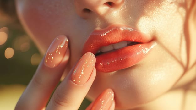 Vibrant close-up of a woman's lips and fingernails, showcasing glossy pink hues. the image emphasizes beauty, elegance, and current fashion trends, suitable for cosmetics branding and promotional materials.
