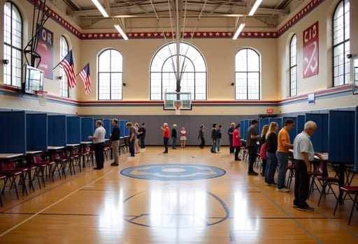 A school gymnasium transformed into a polling station, decorated with American flags and patriotic colors, filled with voters of all ages. High quality photo