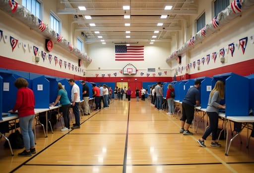 A school gymnasium transformed into a polling station, decorated with American flags and patriotic colors, filled with voters of all ages. High quality photo