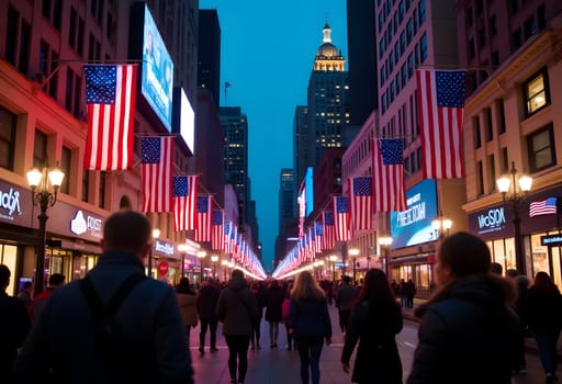 American cityscape on Election Day with buildings covered in U.S. flags and red, white, and blue lights. People celebrate in a patriotic display of democracy. High quality photo
