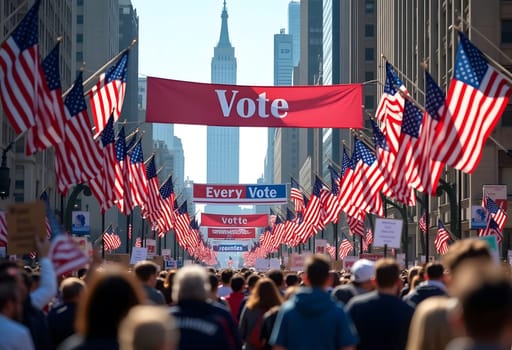 A lively rally scene with large banners reading "Vote" and "Every Vote Counts," American flags waving, and a crowd showing support for democracy. High quality photo