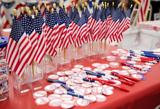 A table covered with "I Voted" stickers, American flags, and pens, ready for voters to collect after casting their ballots in a festive setting. High quality photo
