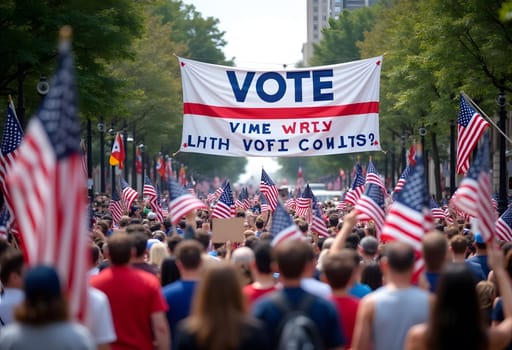 A lively rally scene with large banners reading "Vote" and "Every Vote Counts," American flags waving, and a crowd showing support for democracy. High quality photo
