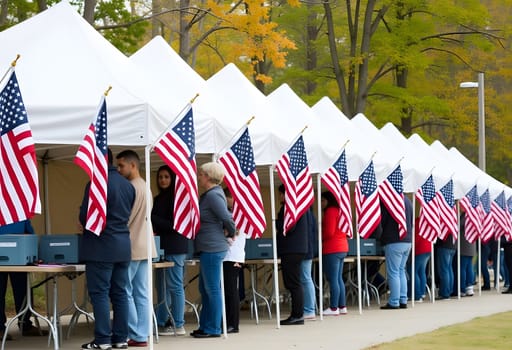 An outdoor voting station with American flags and red, white, and blue decor. Voters line up in a festive, patriotic setting surrounded by autumn leaves. High quality photo