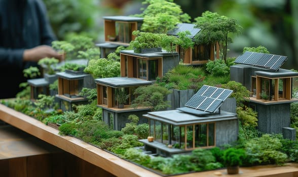 Ecology concept, a model of a green city with solar panels on the roofs of houses. Selective focus.