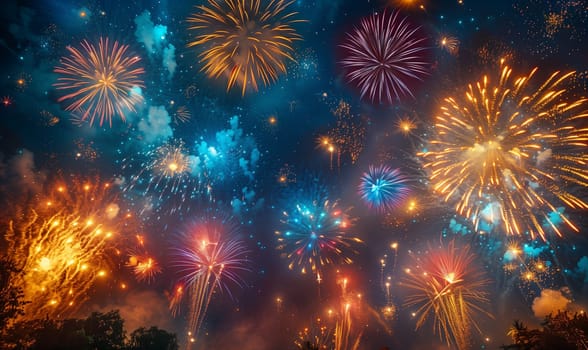 Colorful festive fireworks in night sky. Selective focus.