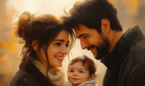 Illustration of happy parents with a child. Selective focus.