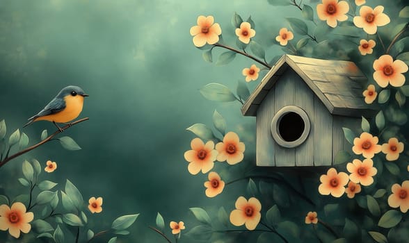 Bird house on a tree in cartoon style. Selective focus.