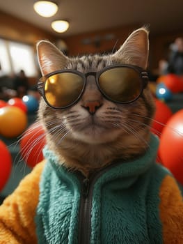 A stylish tabby cat wearing sunglasses and a cozy jacket, surrounded by colorful balloons in a lively indoor setting. Perfect for themes of fun, leisure, and animal personality