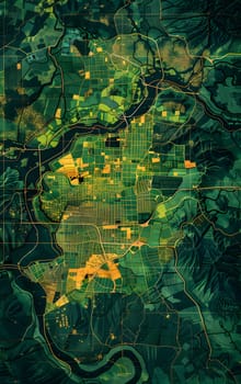 This detailed aerial map displays green and yellow urban and rural landscapes