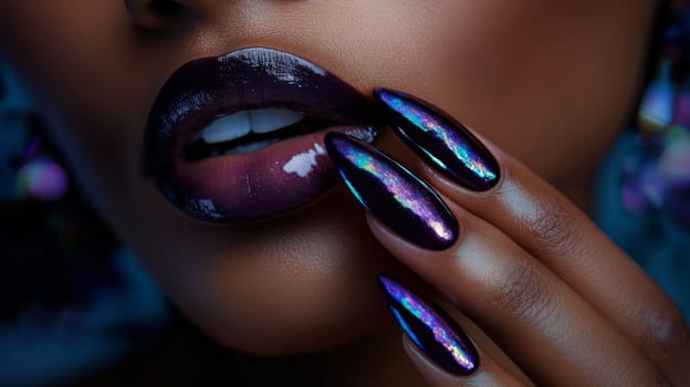 Highlighting the elegance of beauty, a woman's hand with glossy midnight purple nail polish touches her matching lips. the scene emphasizes bold fashion, makeup artistry, and sophisticated style, offering inspiration for beauty design projects.