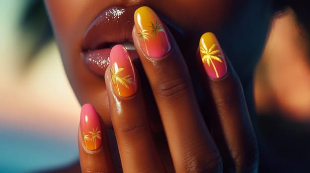 Close-up of a woman's hand showcasing nails with a tropical theme, featuring intricate palm tree designs on vibrant ombre shades. the glossy finish enhances the exotic beach vibe, blending art and elegance.