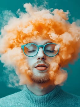 A surreal portrait of a man wearing glasses surrounded by orange, fluffy smoke against a teal background. Captures imagination, creativity, and a sense of dreamy calmness.