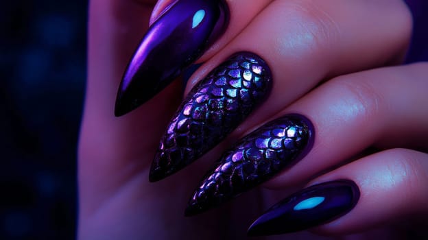 Close-up of a woman's hand showcasing glossy, elongated nails adorned with intricate, shimmering patterns. the striking manicure features a blend of dark purple hues and innovative nail art techniques, ideal for beauty design inspiration.