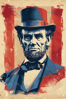 A painting of Abraham Lincoln with a top hat, showcasing his iconic headgear and facial hair. This art piece captures the essence of his distinguished appearance