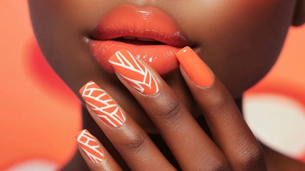 A striking close-up of a woman's manicured hand displaying artistic orange nail designs and coordinated lipstick. the vivid colors capture modern beauty trends, ideal for fashion, cosmetics, and editorial use.