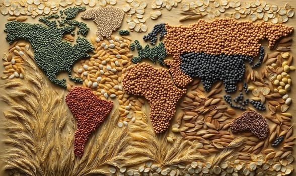 A world map laid out of grain crops on a light background. Selective focus.