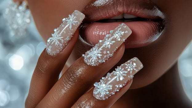 Close-up of winter-themed nail art showcasing intricate snowflake patterns on long, elegant nails. the design features shimmering details that enhance the festive, seasonal charm. ideal for beauty and fashion concepts focused on winter aesthetics.