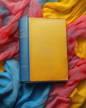 3d color book with an empty cover on a colored background. Selective focus.