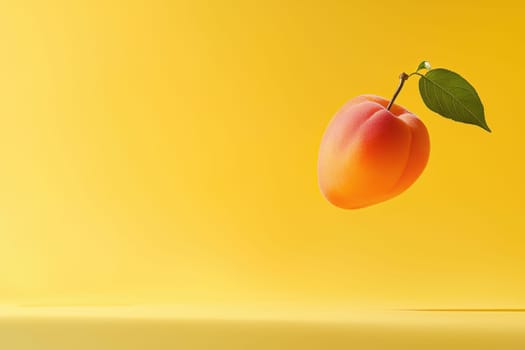 A peach is suspended in midair above a yellow background. The peach is the main focus of the image, and it is floating or levitating, giving the impression of weightlessness