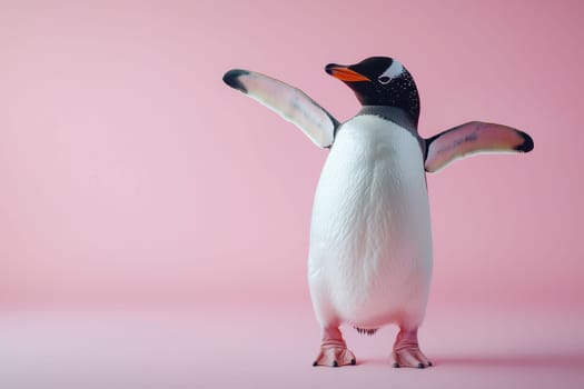 A penguin stands on a pink background. The penguin is standing on its hind legs and has its wings spread out