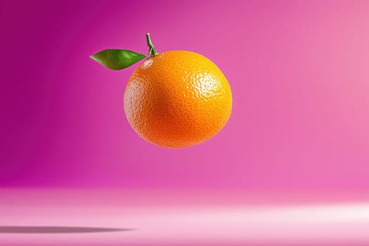 A single orange is suspended in the air with its stem still attached. The orange is the main focus of the image, and the pink background adds a sense of vibrancy and energy to the scene