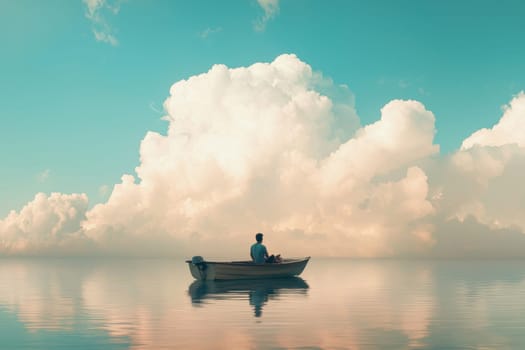 A man is sitting in a boat on a lake, looking out at the cloudy sky. Scene is peaceful and contemplative, as the man seems to be enjoying the quietness of the lake and the beauty of the cloudy sky