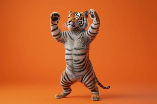 A tiger cub is standing on an orange background and appears to be playing. The tiger is wearing a striped shirt and has a tiger head
